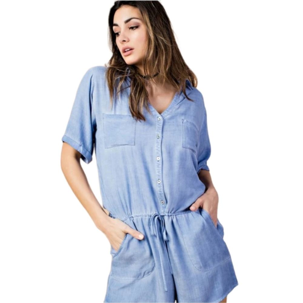 Kori Chambray Denim Drawstring Waist Romper